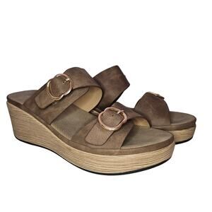 PATRIZIA Women's Size 7 Shaniho Slide Sandal Wedges Brown with Gold Buckle New
